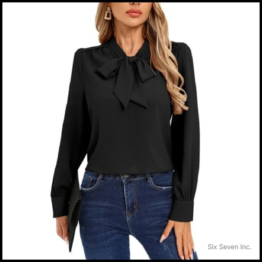 Elegant Bow Tie Blouse Long Sleeve Work Shirt Professional Chic Office Wear - Picture 2 of 8